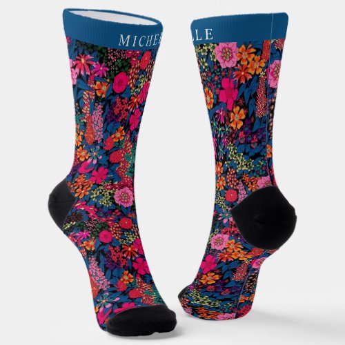 Custom Blue Green Floral Pink Flowers Pattern Socks