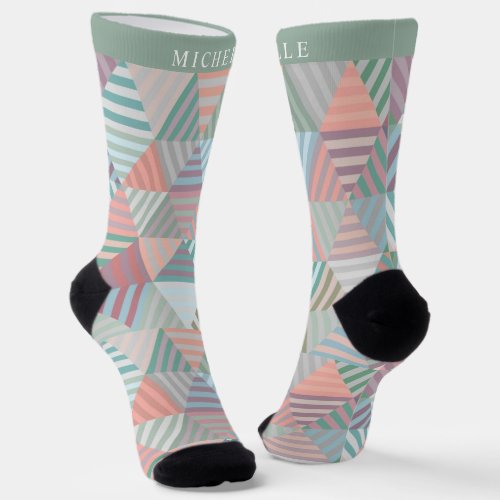 Custom Blue Green Pink Triangle Geometric Pattern Socks