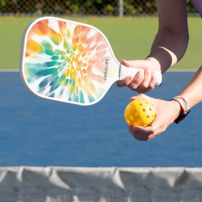 Custom Blue Green Purple Orange Retro Tie Dye Art Pickleball Paddle (Insitu)