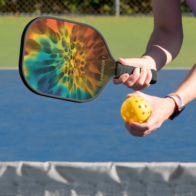 Custom Blue Green Purple Orange Retro Tie Dye Art Pickleball Paddle (Insitu)