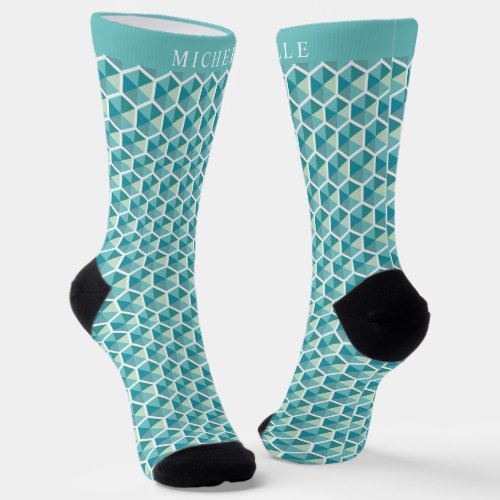 Custom Blue Green White Heptagon Geometric Pattern Socks