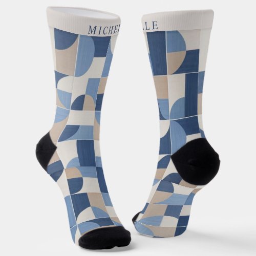 Custom Blue Grey Tan Beige Geometric Pattern Socks