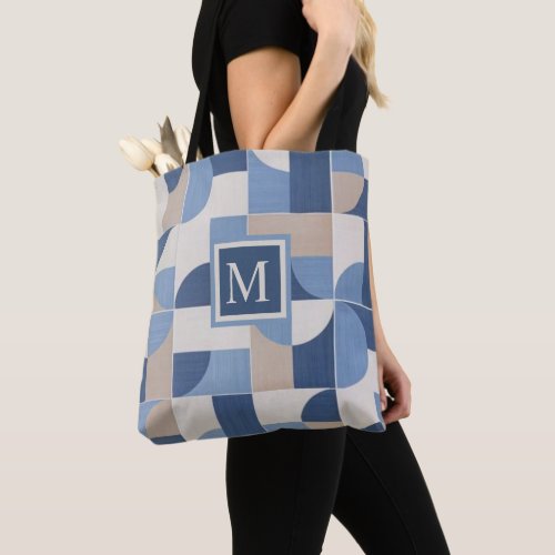 Custom Blue Grey Tan Beige Geometric Pattern Tote Bag