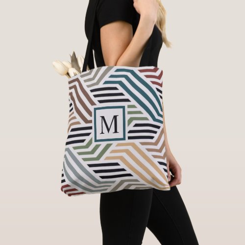 Custom Blue Grey White Stripe Geometric Pattern Tote Bag