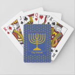 Custom Blue Hanukkah MENORAH Playing Cards<br><div class="desc">Elegant mid blue MENORAH playing cards, showing with faux gold menorah in a tiled pattern. At the center, there is an image of a large menorah which is CUSTOMIZABLE, so you can upload your own image. Underneath, the text reads CHAG SAMEACH. This is also customizable so you can add your...</div>