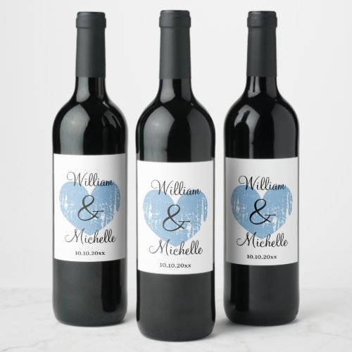 Custom blue heart wedding wine bottle labels