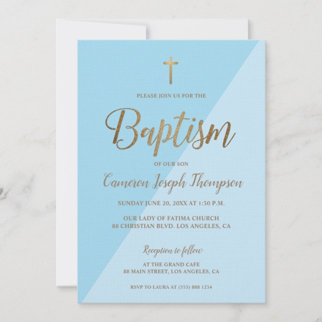 Custom Blue Hues Gold Modern Baptism Invitation (Front)