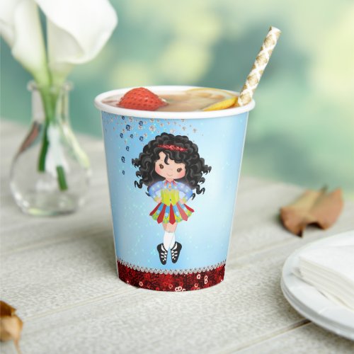 Custom Blue Irish Dance Black Hair Girl Rhinestone Paper Cups