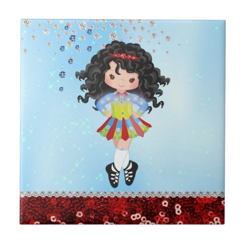 Custom Blue Irish Dance Dark Hair Girl Rhinestone Ceramic Tile