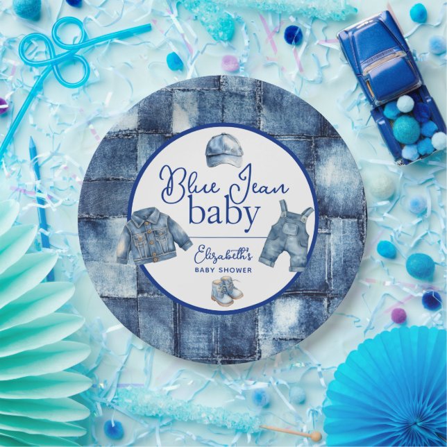 Custom Blue Jean Baby Denim Themed Baby Shower Paper Plates (Party)