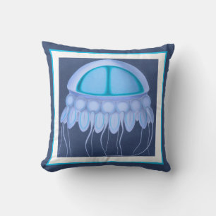 Custom Blue Jellyfish modern coastal navy teal Throw Pillow
