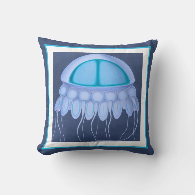 Custom Blue Jellyfish modern coastal navy teal Throw Pillow (Front)