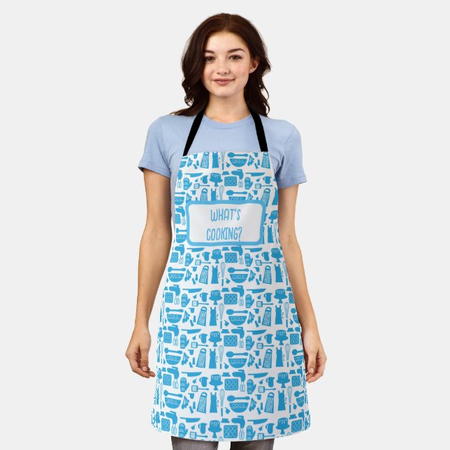 Custom Blue Kitchen Kitsch Fun Art Pattern Apron (Worn)