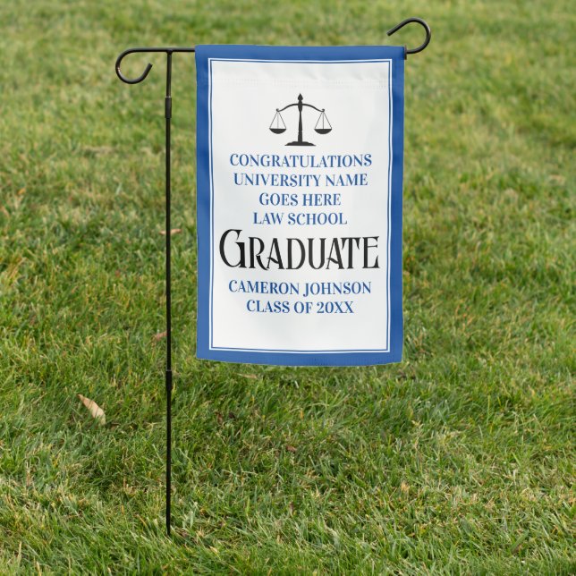 Custom Blue Law School Graduation Party Garden Flag (In SItu)