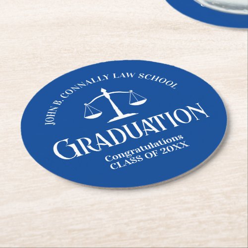 Custom Blue Law School Graduation Party Round Paper Coaster