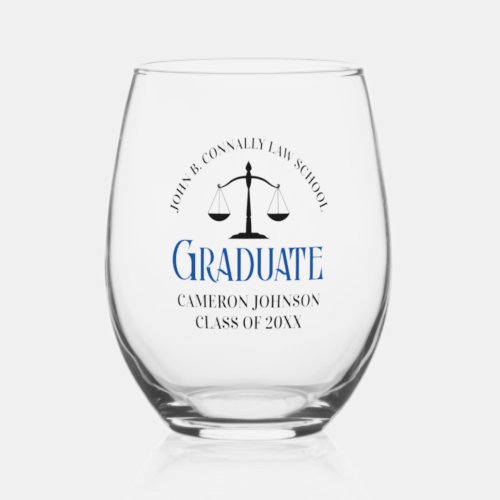 Custom Blue Law School Graduation Party Stemless Wine Glass