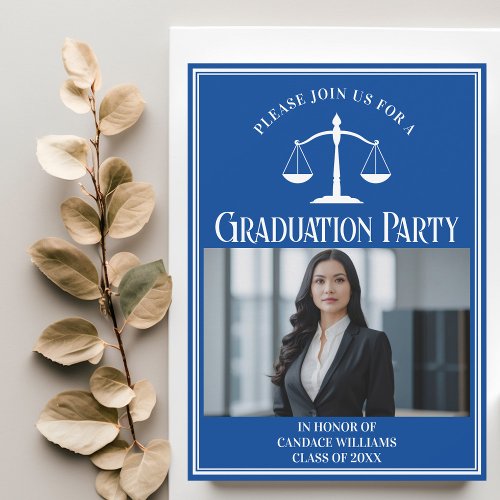 Custom Blue Law School Graduation Photo Party Invitation