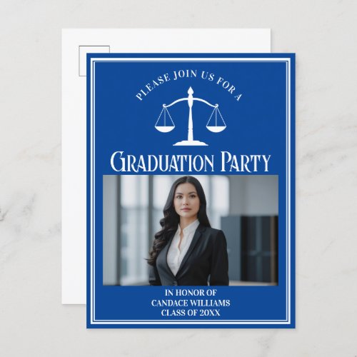 Custom Blue Law School Graduation Photo Party Invitation Postcard