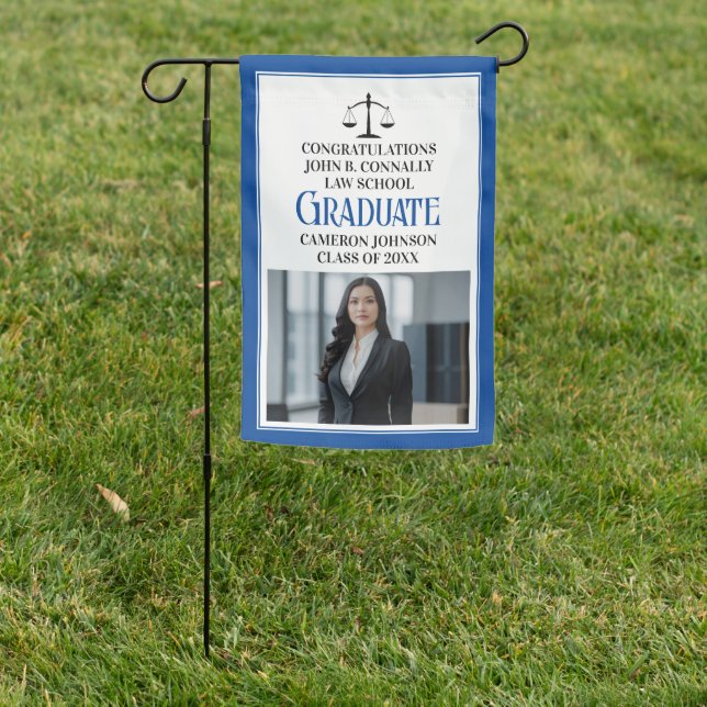 Custom Blue Law School Photo Graduation Party Garden Flag (In SItu)