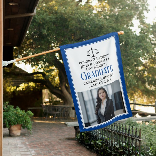 Custom Blue Law School Photo Graduation Party House Flag (In SItu)