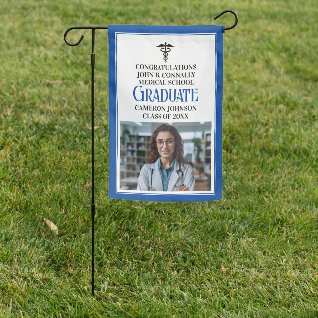 Custom Blue Medical School Graduation Photo Garden Flag (In SItu)