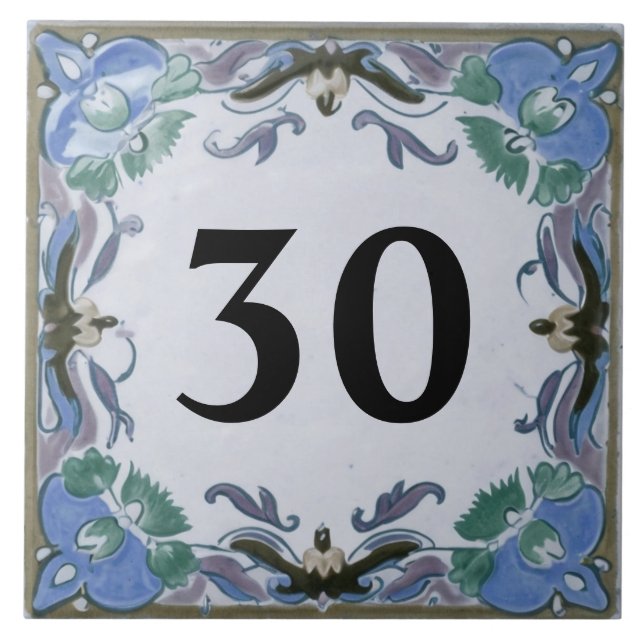 Custom Blue Mediterranean House Number Sign Plaque Ceramic Tile (Front)