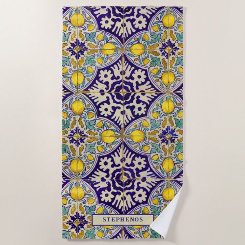 Custom Blue Mediterranean Pattern Yellow Blossoms Beach Towel