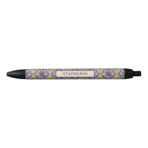 Custom Blue Mediterranean Pattern Yellow Blossoms Black Ink Pen