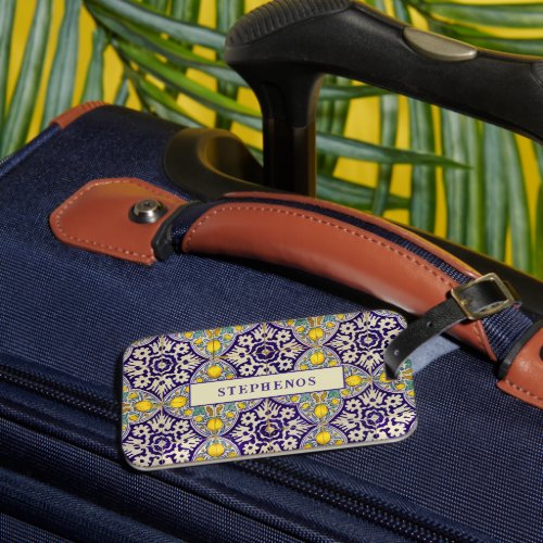 Custom Blue Mediterranean Pattern Yellow Blossoms Luggage Tag