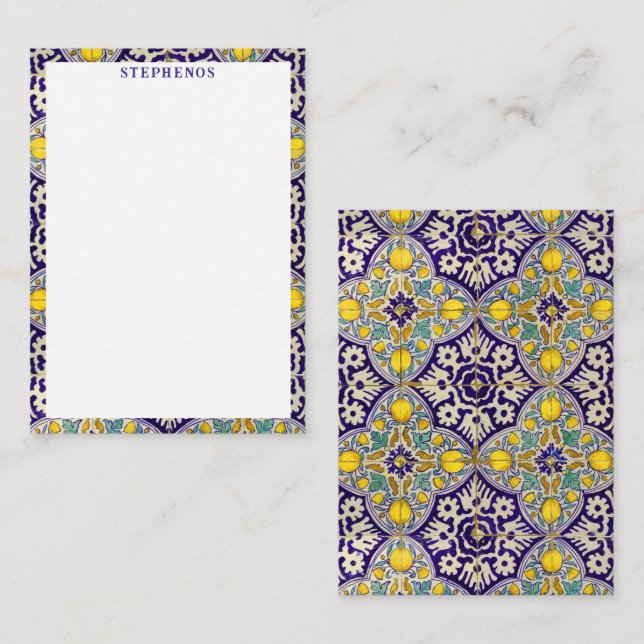 Custom Blue Mediterranean Pattern Yellow Blossoms  Note Card (Front/Back)