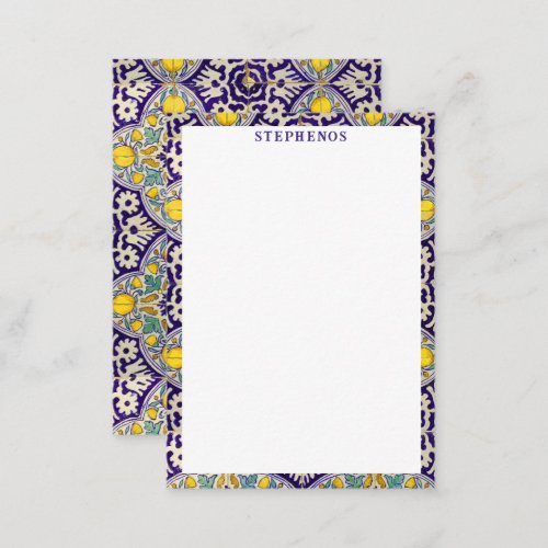 Custom Blue Mediterranean Pattern Yellow Blossoms  Note Card