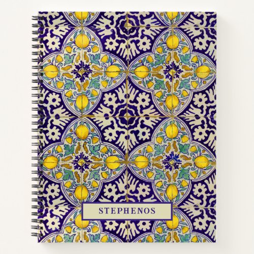 Custom Blue Mediterranean Pattern Yellow Blossoms Notebook