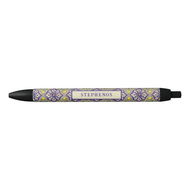 Custom Blue Mediterranean Pattern Yellow Blossoms Pen (Front)