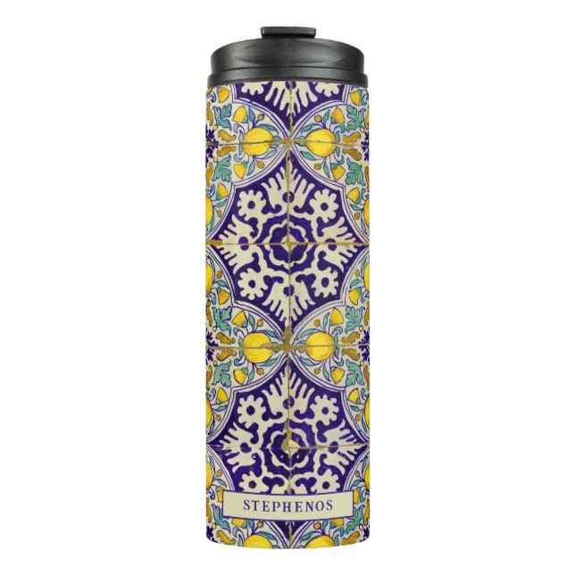 Custom Blue Mediterranean Pattern Yellow Blossoms  Thermal Tumbler (Front)