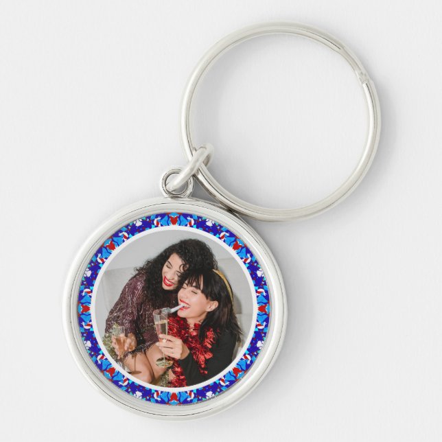 Custom Blue Merry Christmas Happy Winter Photo Keychain (Front)