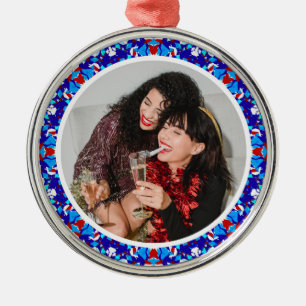 Custom Blue Merry Christmas Happy Winter Photo Metal Ornament