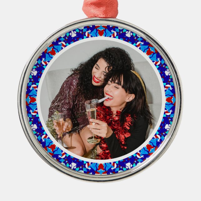 Custom Blue Merry Christmas Happy Winter Photo Metal Ornament (Front)