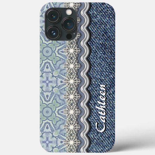 Custom Blue Mint Batik Mosaic Floral Art Pattern iPhone 13 Pro Max Case