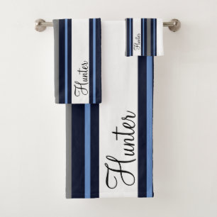 Custom Blue Modern Cursive Striped Bath Towel Set