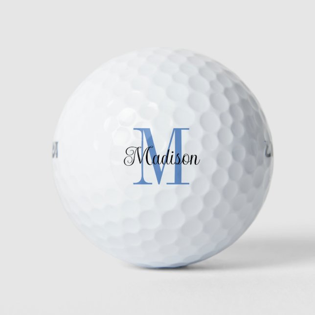 Custom Blue Monogram Initial Black Name Golf Balls (Front)