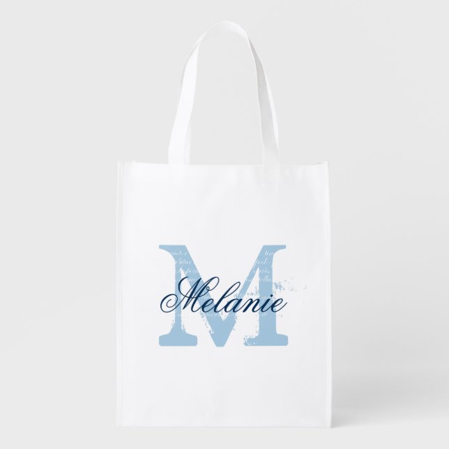 Custom blue monogram reusable grocery shopping bag (Front)