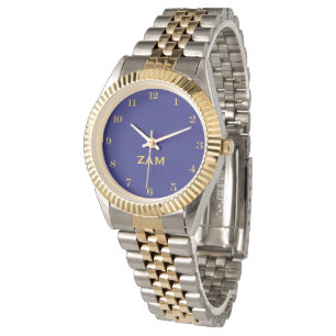 Custom Blue Monogrammed Gold Silver Tone Bracelet Watch