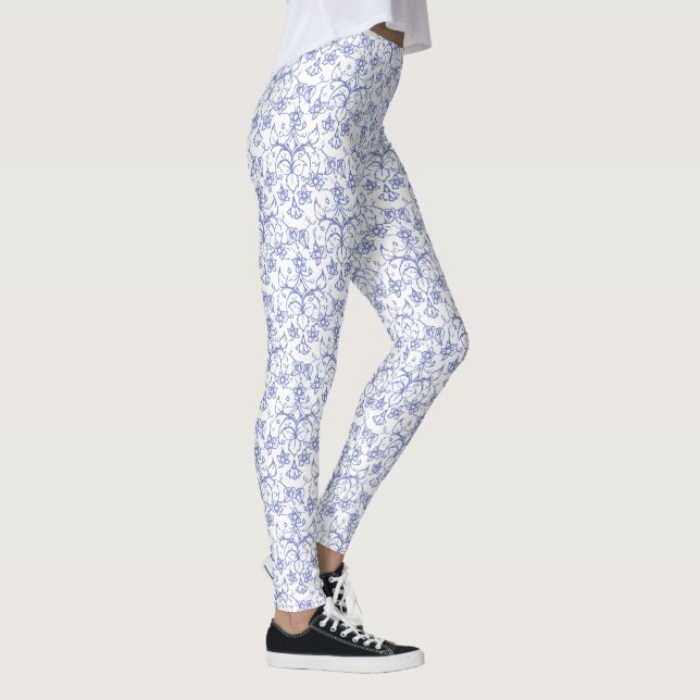 Custom Blue Morning Glory Damask Pattern on White Leggings (Right)