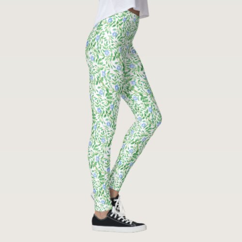 Custom Blue Morning Glory Floral on White Leggings