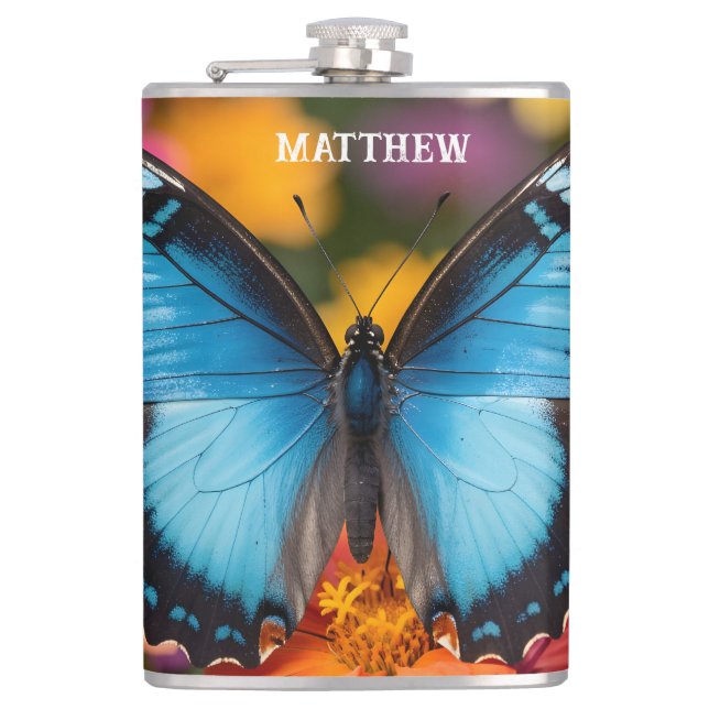 Custom Blue Morpho Butterfly Floral Botanical  Flask (Front)