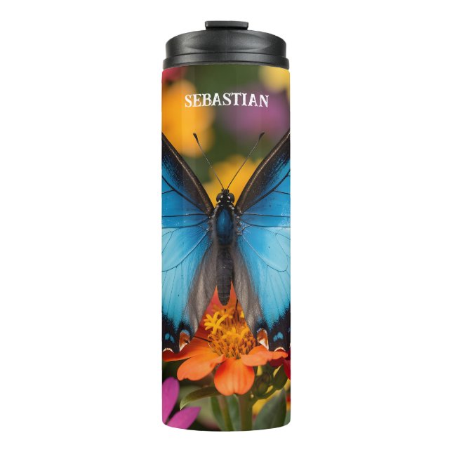 Custom Blue Morpho Butterfly Floral Botanical  Thermal Tumbler (Front)