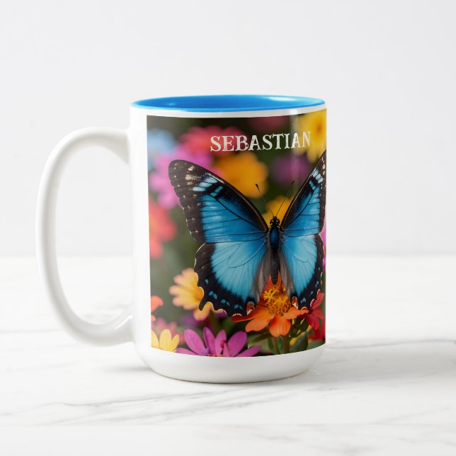 Custom Blue Morpho Butterfly Floral Botanical  Two-Tone Coffee Mug (Left)