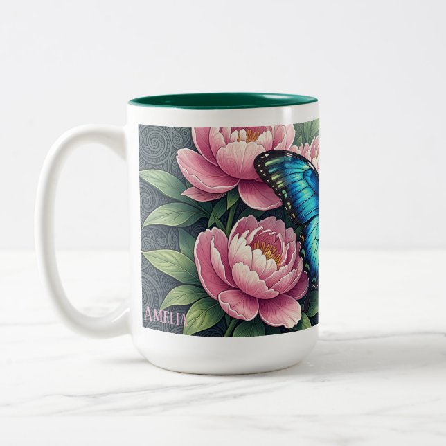 Custom Blue Morpho Butterfly Floral Monogram Two-Tone Coffee Mug (Left)