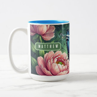 Custom Blue Morpho Butterfly Floral Name Two-Tone Coffee Mug