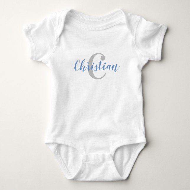 Custom Blue Name and Gray Initial Baby T-Shirt Baby Bodysuit (Front)
